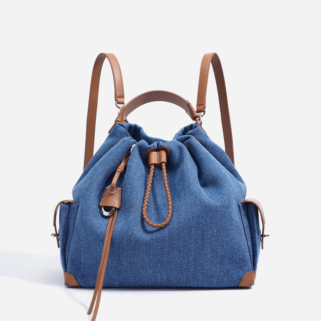 2025 Summer New Niche Design Backpack Retro Denim Drawstring Shoulder Bag Large Capacity Fashion Splicing Bag