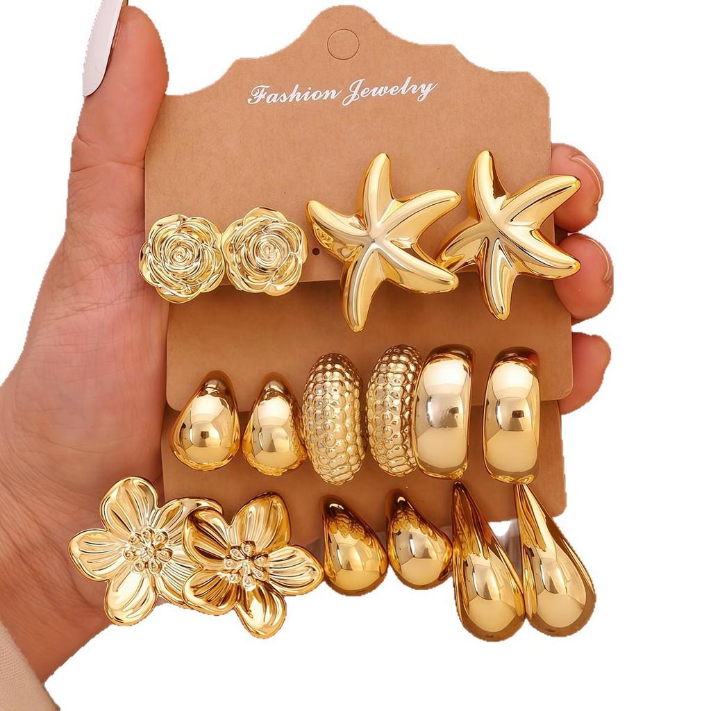 European & American Women's Flower & Starfish Stud Earring Set - Elegant, Stylish, Unique Design