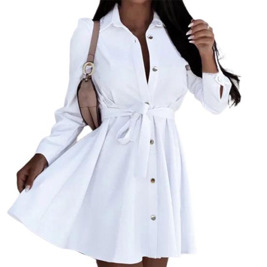 

Turn-Down Collar Long Sleeve Women Dress Belt Solid Color Single Breasted Shirt Dress Female Clothing XL белый