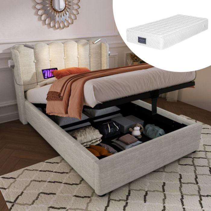 Lit - MUVOE - 90x200 - Rembourré avec liseuse - Recharge USB - Design contemporain