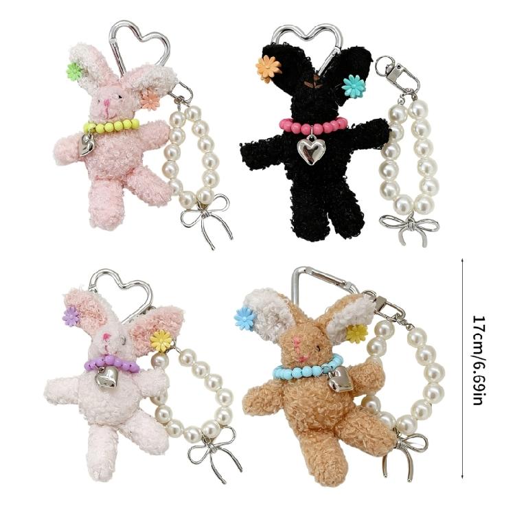 Delicate Rabbit Phone Charm PP Cotton Keychain Pearls Hair Clip Lovely Rabbit Stuffed Keyring Gift For Students
