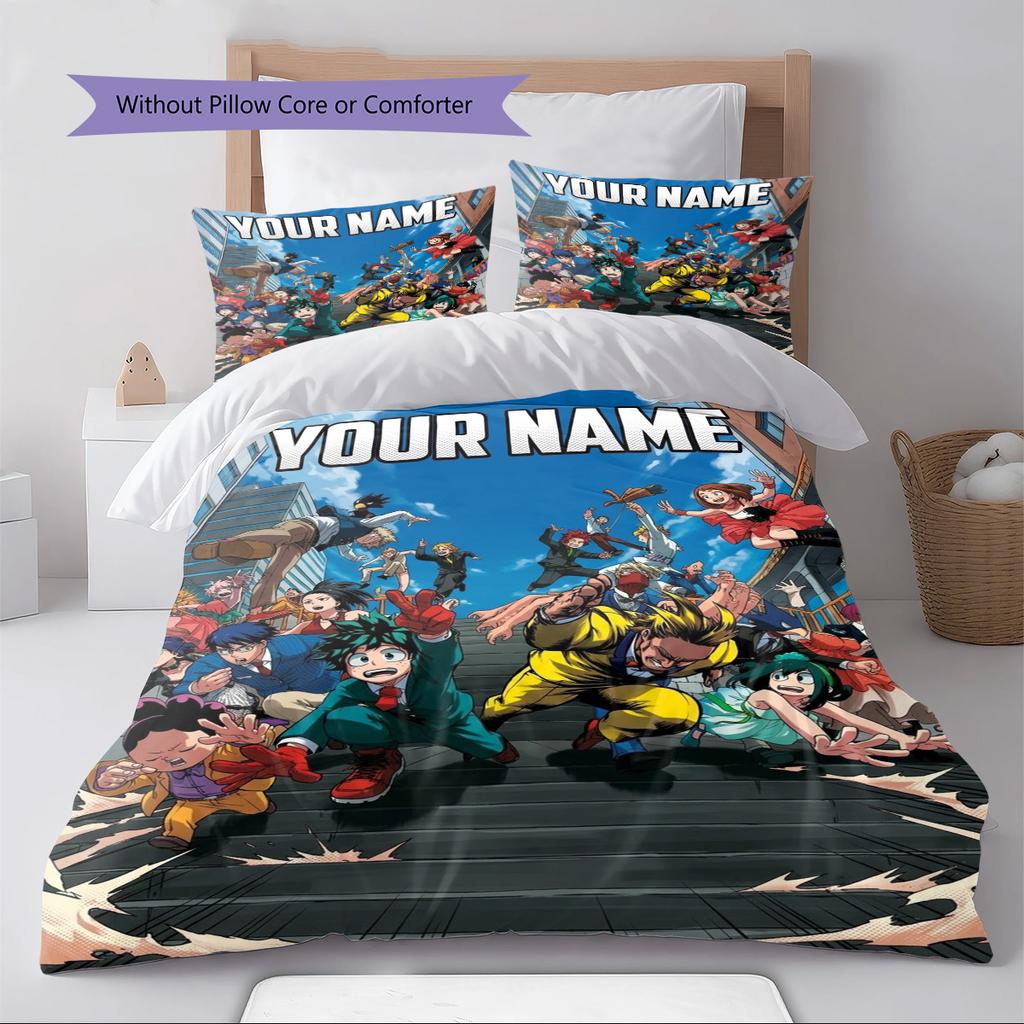 Name Custom Anime Mha Pattern Bedding Set Quilt Cover Pillowcase Home Decor Gift (1 * Duvet Cover + 2 * Pillowcase, Without Core)