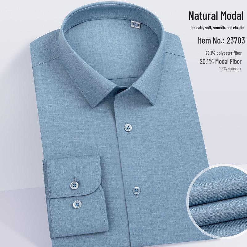 Men's Modal Stretch Long Sleeve Shirt - Non-Iron White, Spring & Autumn Style, Customizable LOGO, Professional Wear.
