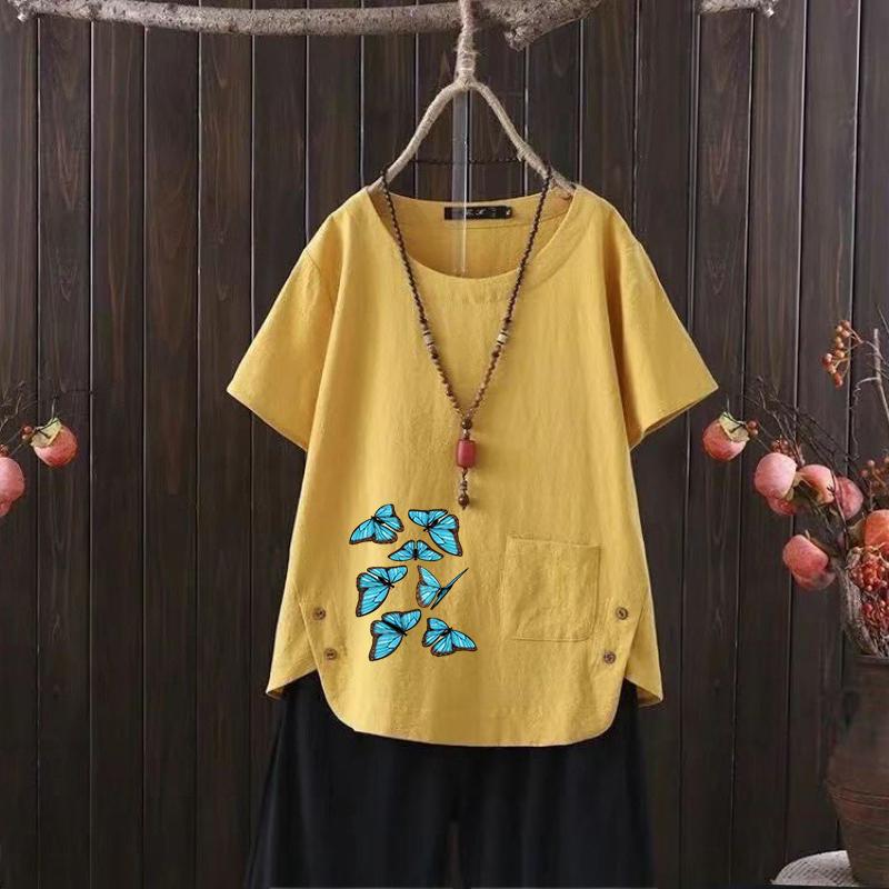 2025 Summer Butterfly Print V-neck Cotton Hemp Women's T-shirt - Casual & Chic