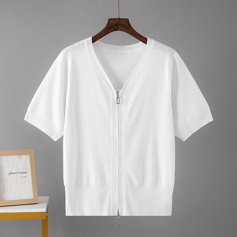 

Женская футболка с коротким рукавом из тонкого ледяного шелка на лето, прилегающая, с темпераментом, высококлассный дизайн, топ с двойной молнией L белый