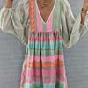 Bohemian Spring Summer Women Casual Dress Geometric Print Maxi Dress with V Neck Lantern Sleeves Loose Female Clothes