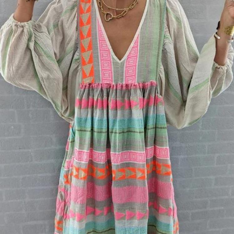 Bohemian Spring Summer Women Casual Dress Geometric Print Maxi Dress with V Neck Lantern Sleeves Loose Female Clothes
