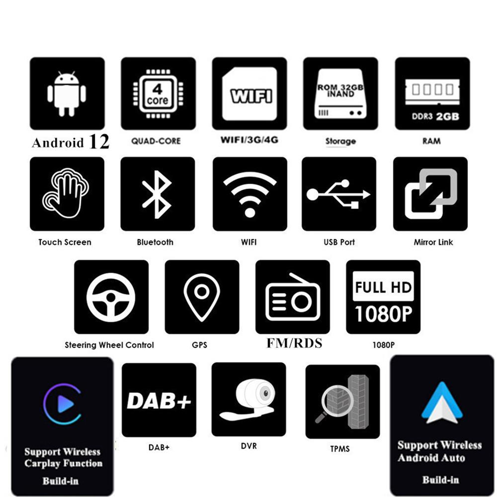 9'' For Android 12 Build-In For Support Wireless Carplay Android Auto RAM 2GB RO