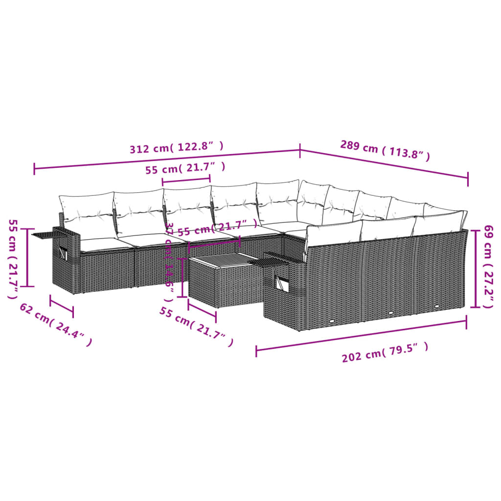 Vidaxl 12-Cz. Garden Furniture Set, With Cushions, Black, Poly Rattan