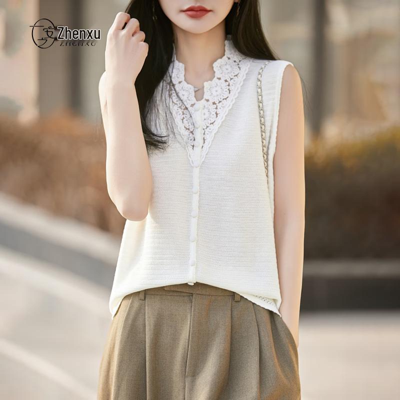 French V-Neck Lace Hollow-Out Silk Wool Sleeveless Cardigan Vest