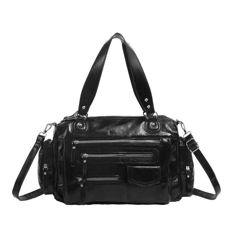 Black Retro Zipper Locomotive Bag New Casual Soft Handbag College Style Shoulder Messenger Bag