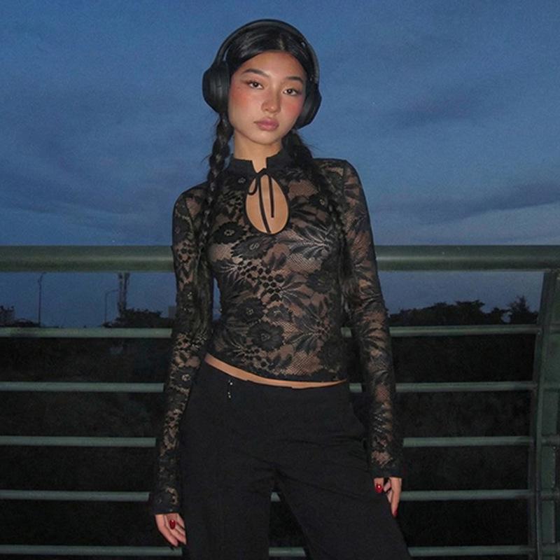 European & American Women's Sexy Lace See-through Long-Sleeve Top - Spring/Summer Fashion