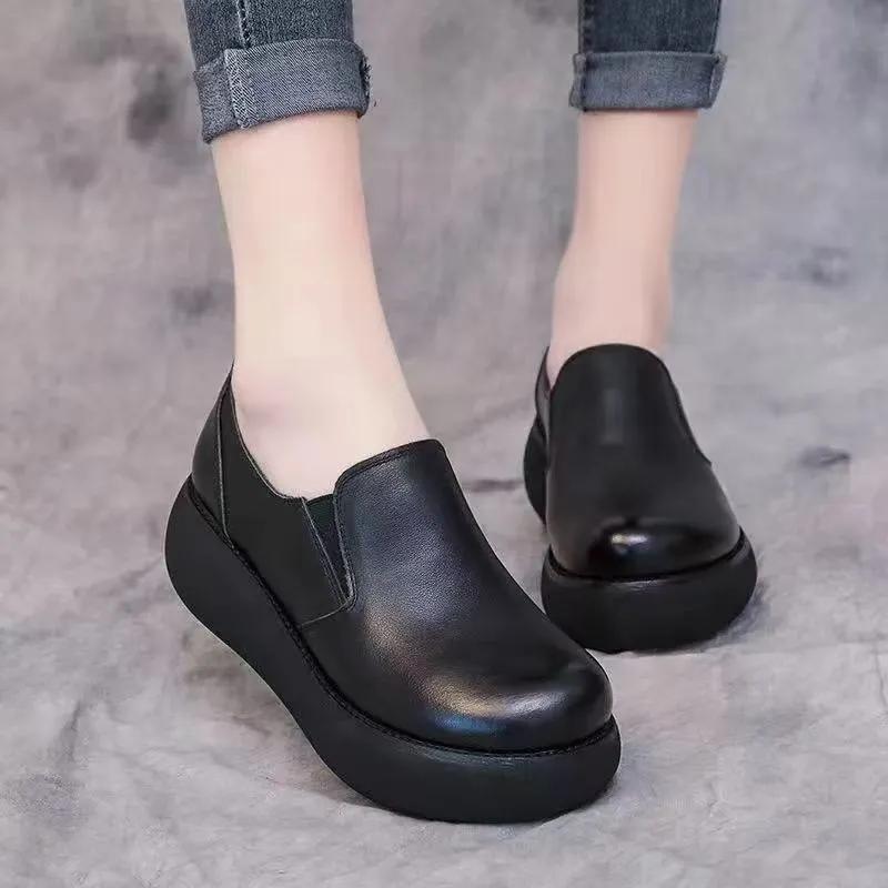 Soft Leather Wedge Heel Round Toe Deep Mouth Single Shoes Women's Four Seasons Waterproof Platform Non-slip Wear-resistant Work Women's Shoes