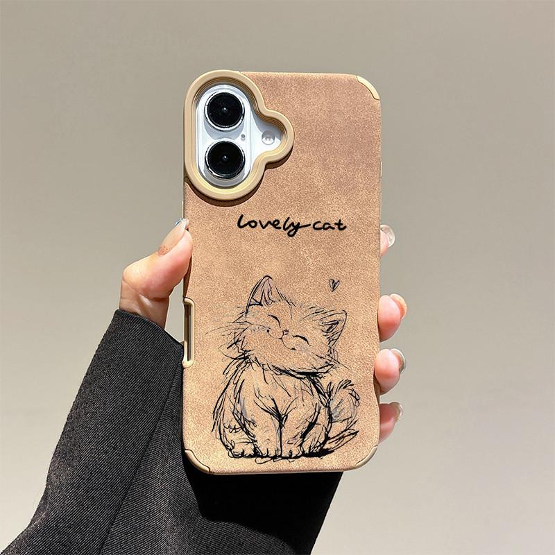 

Чехол из кожи с рисунком в виде кошки + защитный чехол со шнурком из мягкого силикона для iPhone iPhone 16 Pro Max золотой