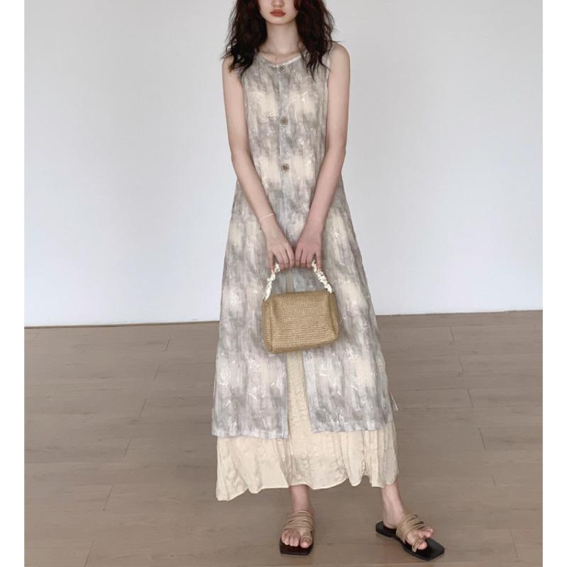 

Новое китайское платье без рукавов без рукавов для детей, стройнящее, имитация двухсекционного платья, летнее, средней длины XL