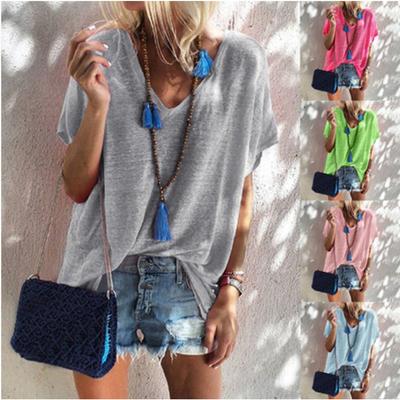 Summer Candy Color Plus Size Loose V-neck Short Sleeve T-shirt for Women Casual Light Fashion Top