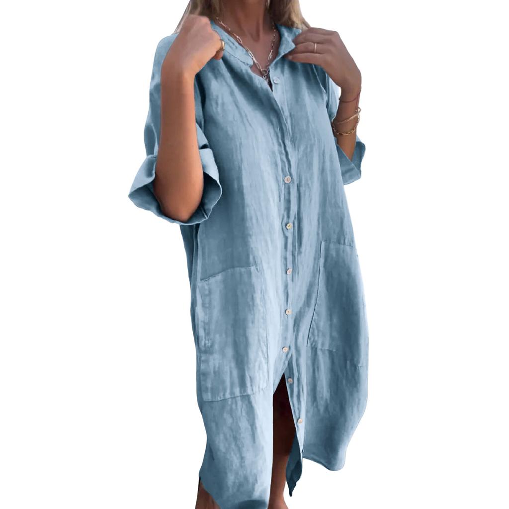 Women's Fashion Casual Button Cardigan Cotton And Linen Color Dress With Pockets