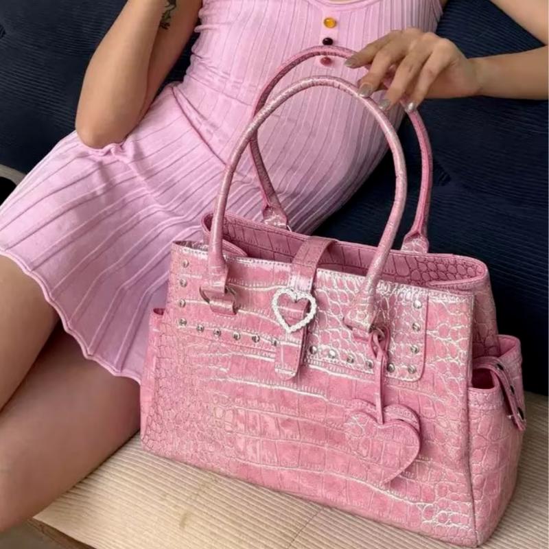 Light Luxury Crocodile-print Handbag For Girls Pink Heart Pattern Shoulder Bag Trendy High-grade Large Capacity Commuter Bag