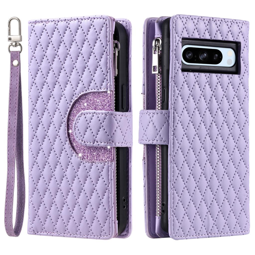 Checkered Glitter Crossbody Leather Zipper Wallet Cards Solt Case for Google Pixel 9 Pro 8A 8 7A 7 6A 6 Lanyard Flip Book Cover
