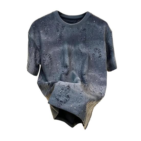 Men Stylish Shabby T-Shirt Loose Fit Casual Tee Sparkling Summer Tee Shirt for Party Holiday Street Wear