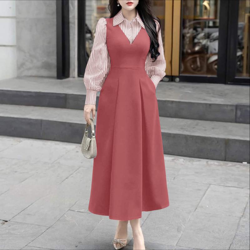 ZANZEA Women Casual Stripe Patchwork Turn Down Collar Long Sleeve Dress