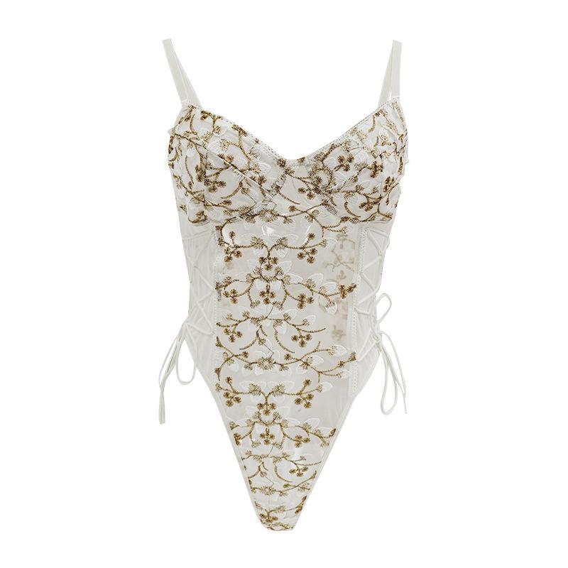 Backless Drawstring Slimming Corset Bodysuit Women'S Sexy Lingerie Mesh Embroidered Erotic Costumes Lace Pure Desire Bodysuits