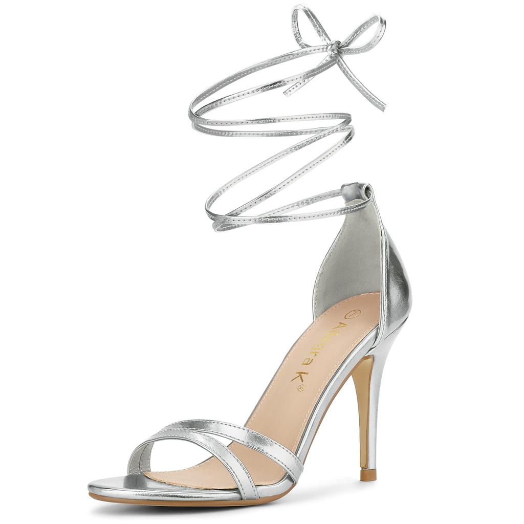 Allegra K Women's Lace-Up Sandals with Open Toe, Stiletto Heel, Silver, 26.5cm