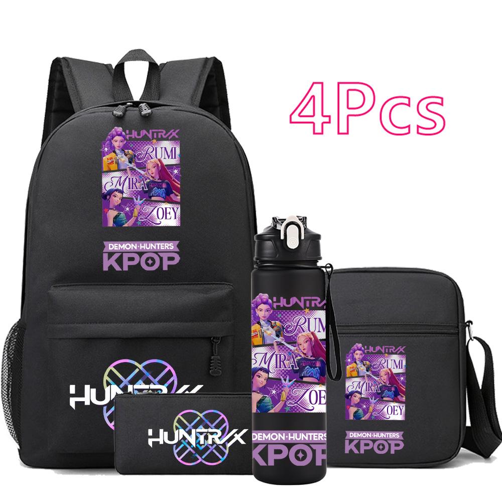 4Pcs/set Anime Cartoon K-Pop Printed Backpack with 750Ml Water Bottler for Teenager Student Girl Boy Bookbag Kid Gift Large Capacity Travel Bag