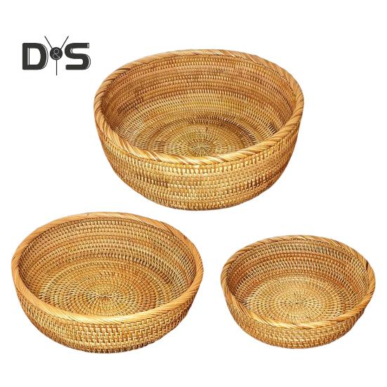 Oppbevaringskurv i rotting Rund serveringskurver til stue Håndvevd fruktskål Brødkurv til kjøkkenbenk