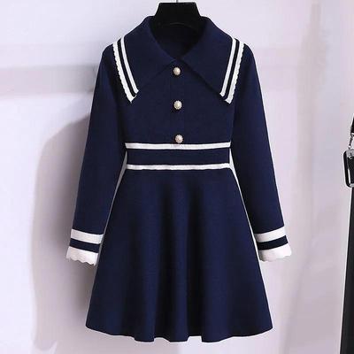 Girls' Autumn Knitted Sweater Dress with Doll Collar – College Style for Spring and Fall