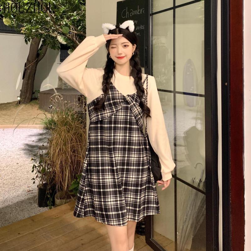 Buy HOUZHOU Plaid Fake Two Piece Dress 