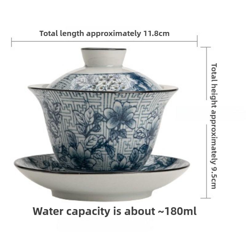 Blue and white porcelain cover bowl, Chinese retro and elegant household ceramic Sancai cover bowl, large tea bowl, tea cup