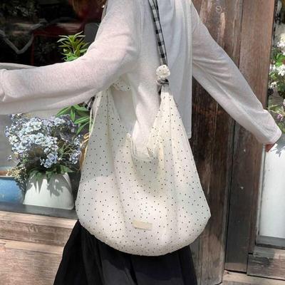 Women's Korean Style Artistic Polka Dot Canvas Bag Fashion Tote Bags Leisure Versatile High Capacity Niche Design Shoulder Bags