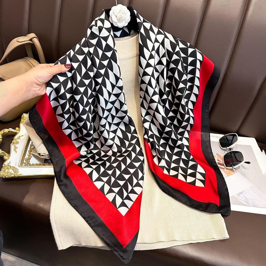 Women's Retro Fashion Mulberry Silk Feel Square Scarf - Summer Faux Satin, Sun Protection, 90cm