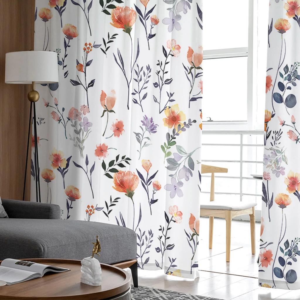 Plant Flower Watercolor Orange Tulle Curtains For Living Room Sheer Curtain For Bedroom Kitchen Blinds Voile Curtains