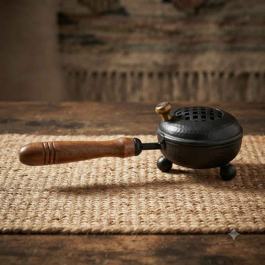 Metal Charcoal Burner for Sambrani Dhoop Loban Bakhoor | Traditional Incense Holder with Lid & Handle | Dhoop Dani for Pooja, Havan, Aarti – 7 Inch
