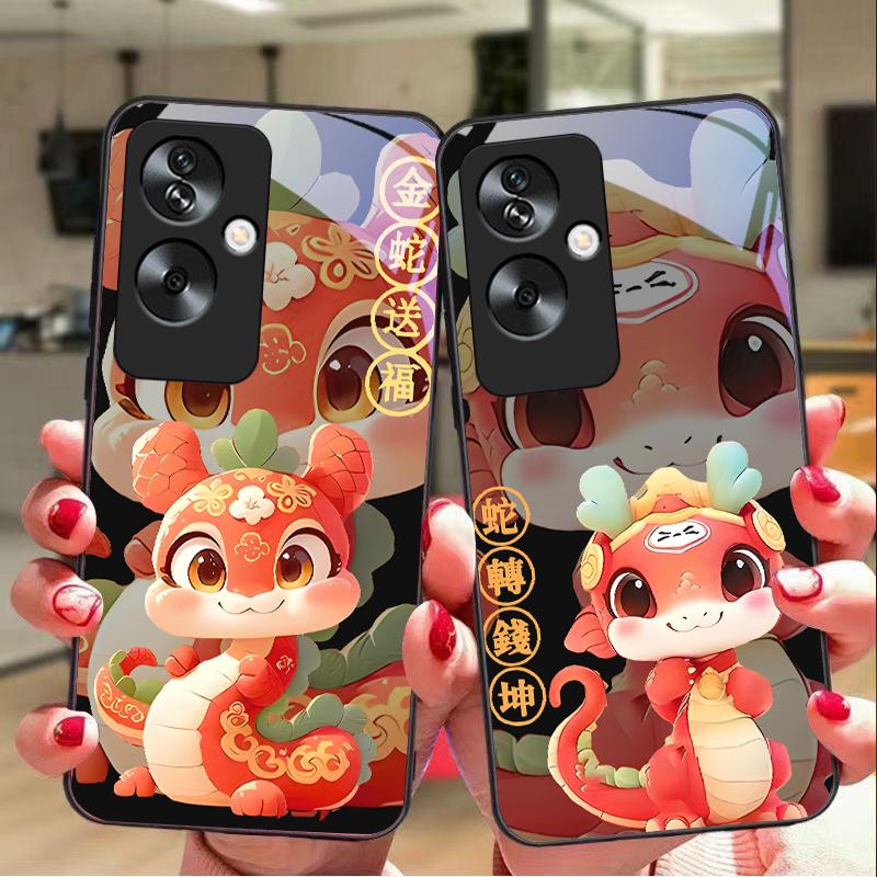 New Cartoon Snake For Oppo A79 5G 58 78 74 60 4G Reno 11F Realme GT 6 11 Note 50 10 C55 X2 Tempered Glass Black Phone Case