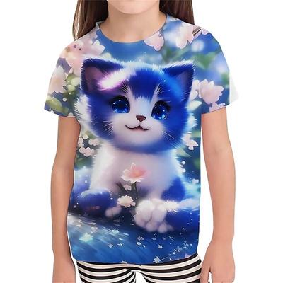 Sevimli Kabarık Kedi Karikatür Moda 3D Kısa Kollu Tişört Çocuklar İçin, Güzel Yazlık Kız Çocuk Çok Yönlü Renkli Üst