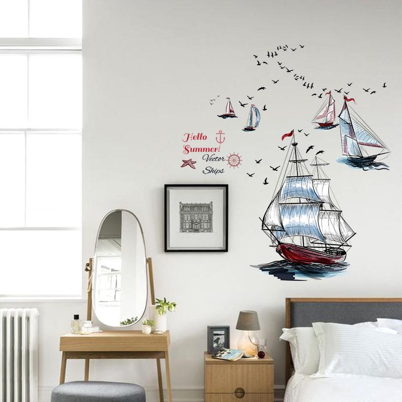 Hand Drawn Sailboat Removable Wall Sticker Creative Nautical Decor for Bedroom Living Room TV Background Sofa Headboard Corner
