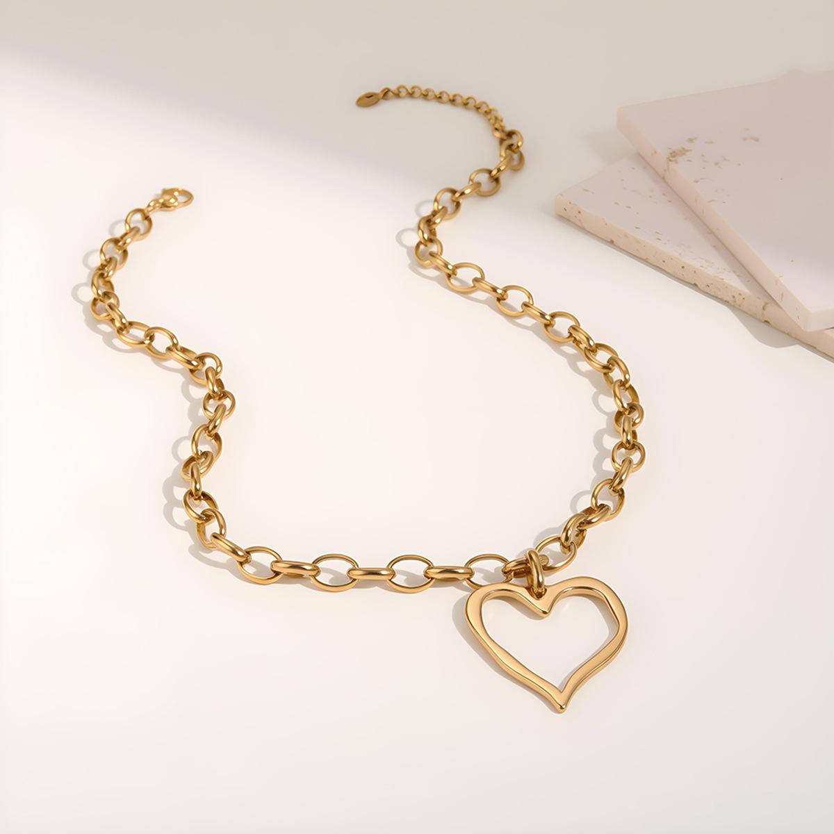 Stainless Steel Hollow Heart Pendant Necklace Gold Silver Color Thick Chain Choker for Women золотой