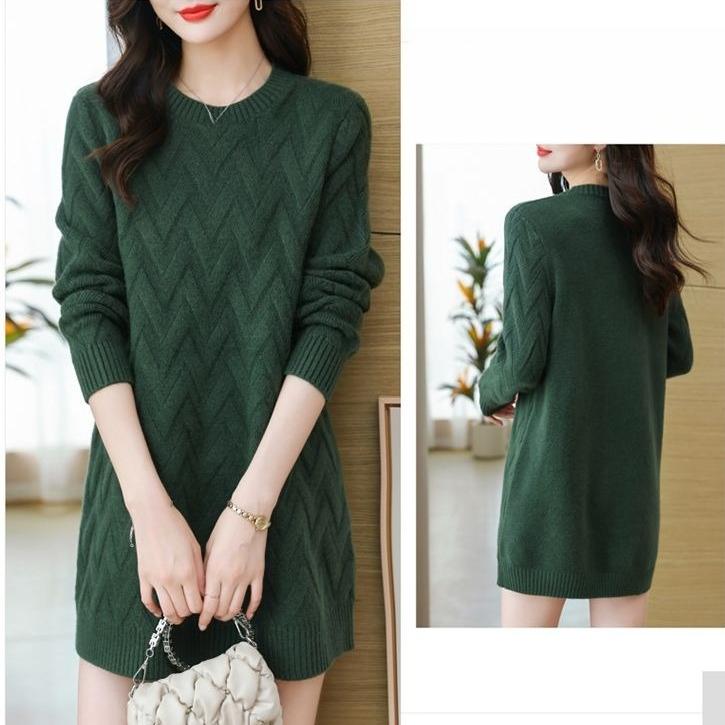 Women's Mid-length Sweater Loose Korean Style Large Size Pullover Outer Wear Pure Color Casual Long-sleeved Knitted Shirt