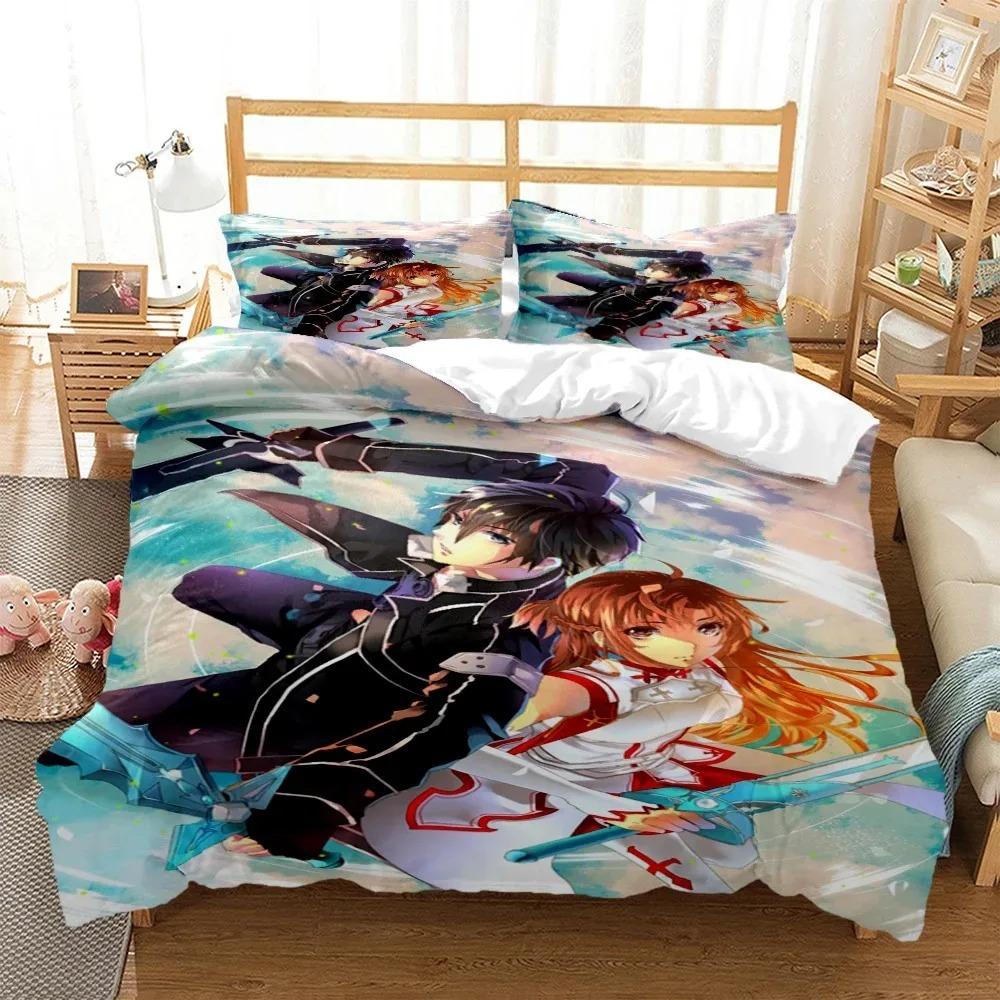 SAO Anime Art Print Three Piece Bedding Set Fashion Article Beds Quilt Covers Pillowcases Duvet Cover for Boys Adults