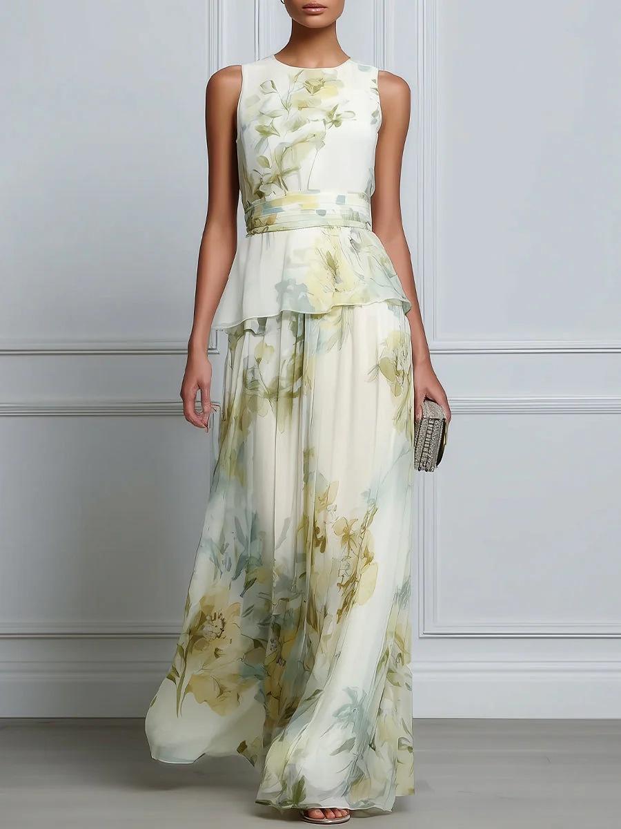 2026 European and American women, elegant sleeveless flower long dress long dress print S