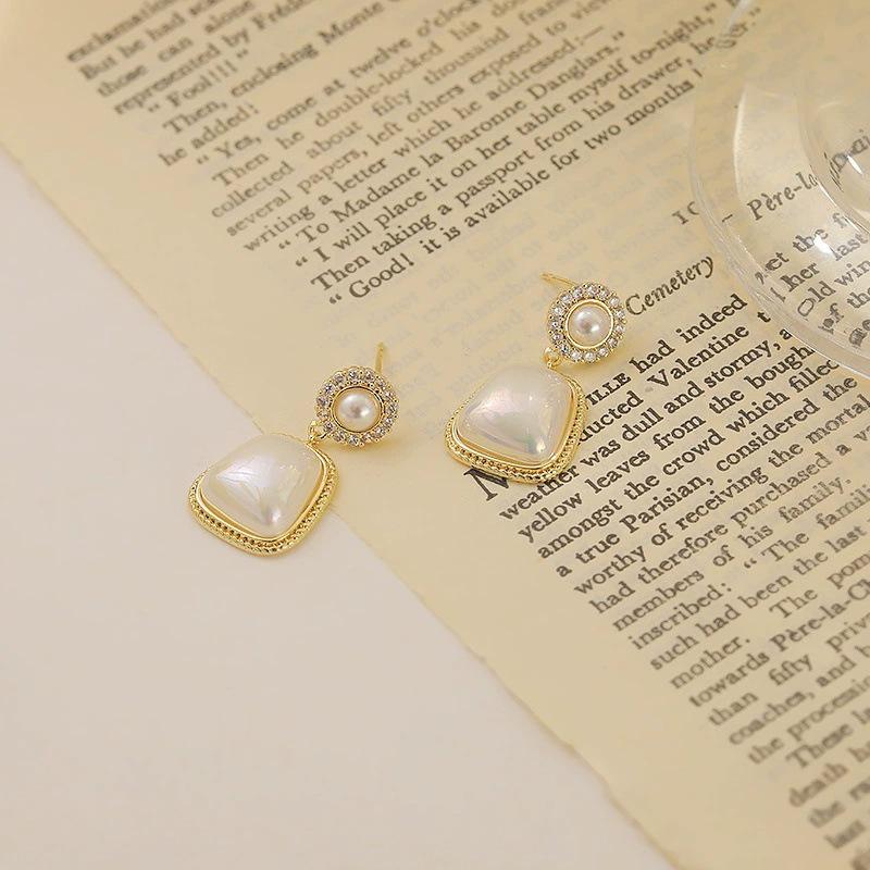 S925 Sterling Silver Geometric Square Pearl Earrings for Women - Korean Style, Trendy and Simple.