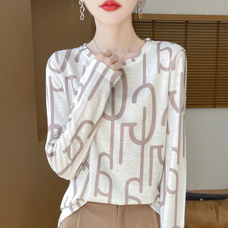 Spring And Autumn Long Sleeve Retro Printed T-Shirts Women Basic Casual Tops Female Cozy Loose Tees Harajuku T Shirt