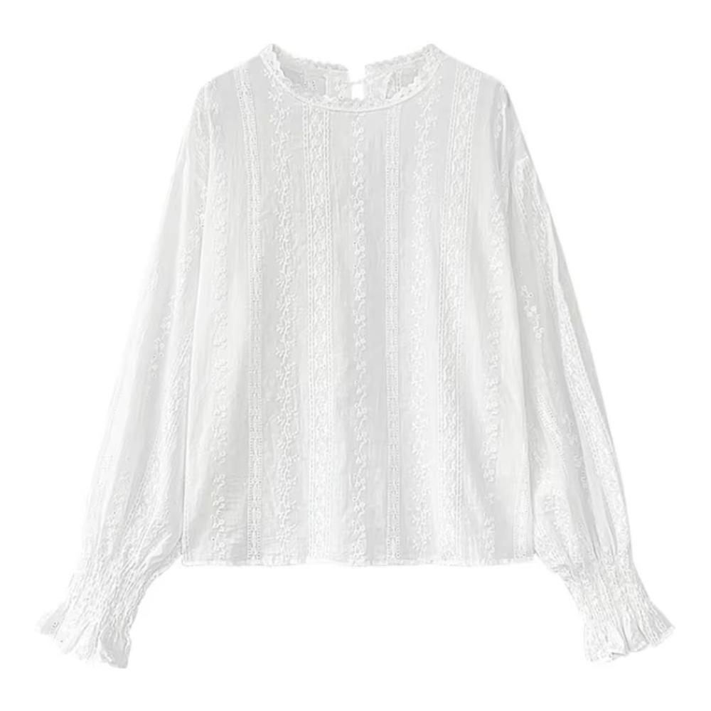 Vintage Style Lace Shirt Flare Sleeve Hollow Out White Blouse Casual Clothing New Fashion Women Lace Tops
