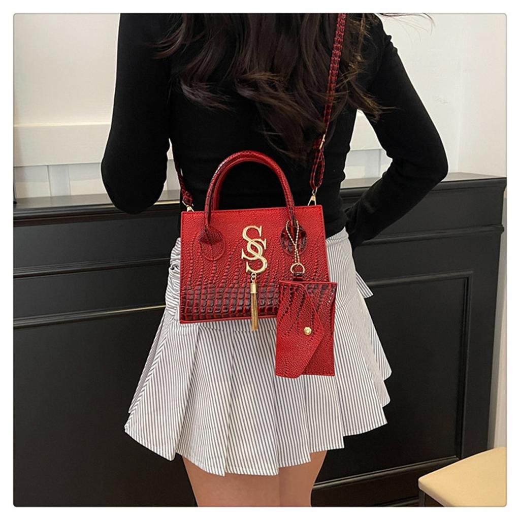 Fashion Solid Color Simple Crocodile Letters Tassel Casual Atmosphere Shoulder Handbag Bag For Women