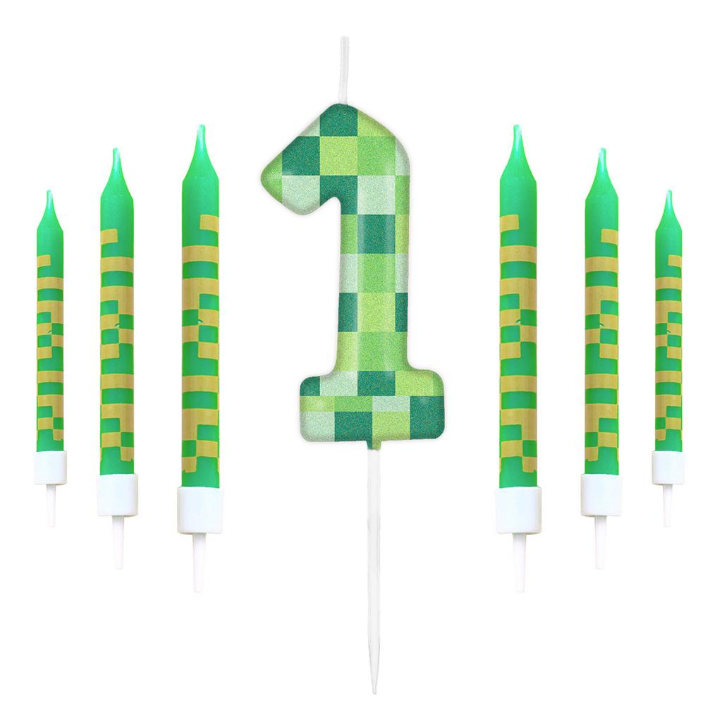 7pcs Green My World Candle Birthday Party Pixel Theme Birthday Party Video Game Party Decoration  0-9 Cake Top Digital Candles