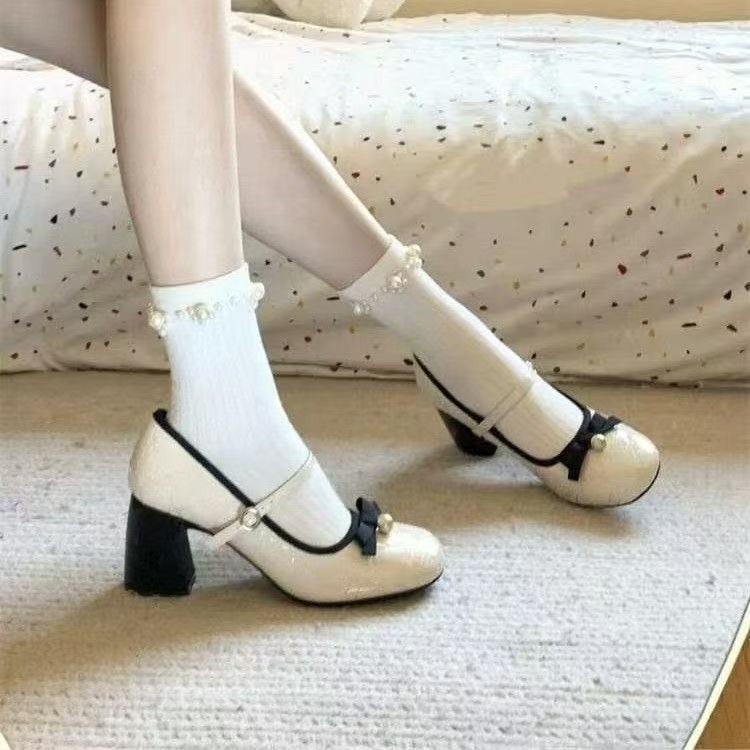 2025 Women's Pumps Autumn New Fashion Comfortable High Heels Chunky Heels Shoes Bow-knot Pearl Elegant Shoes Zapatos De Mujer