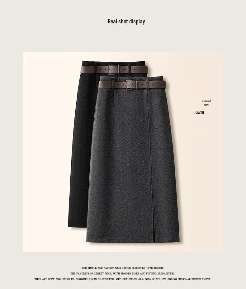 Gray Woolen A-Line Midi Skirt for Women - Autumn/Winter 2024 Stylish Hip Wrap Skirt